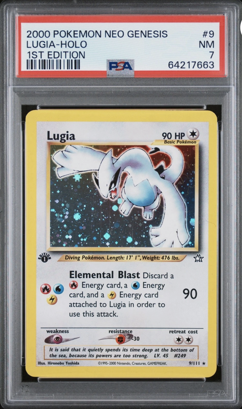 2000 Pokémon Neo Genesis 1st Edition Lugia holo in a PSA 7 graded slab being scanned