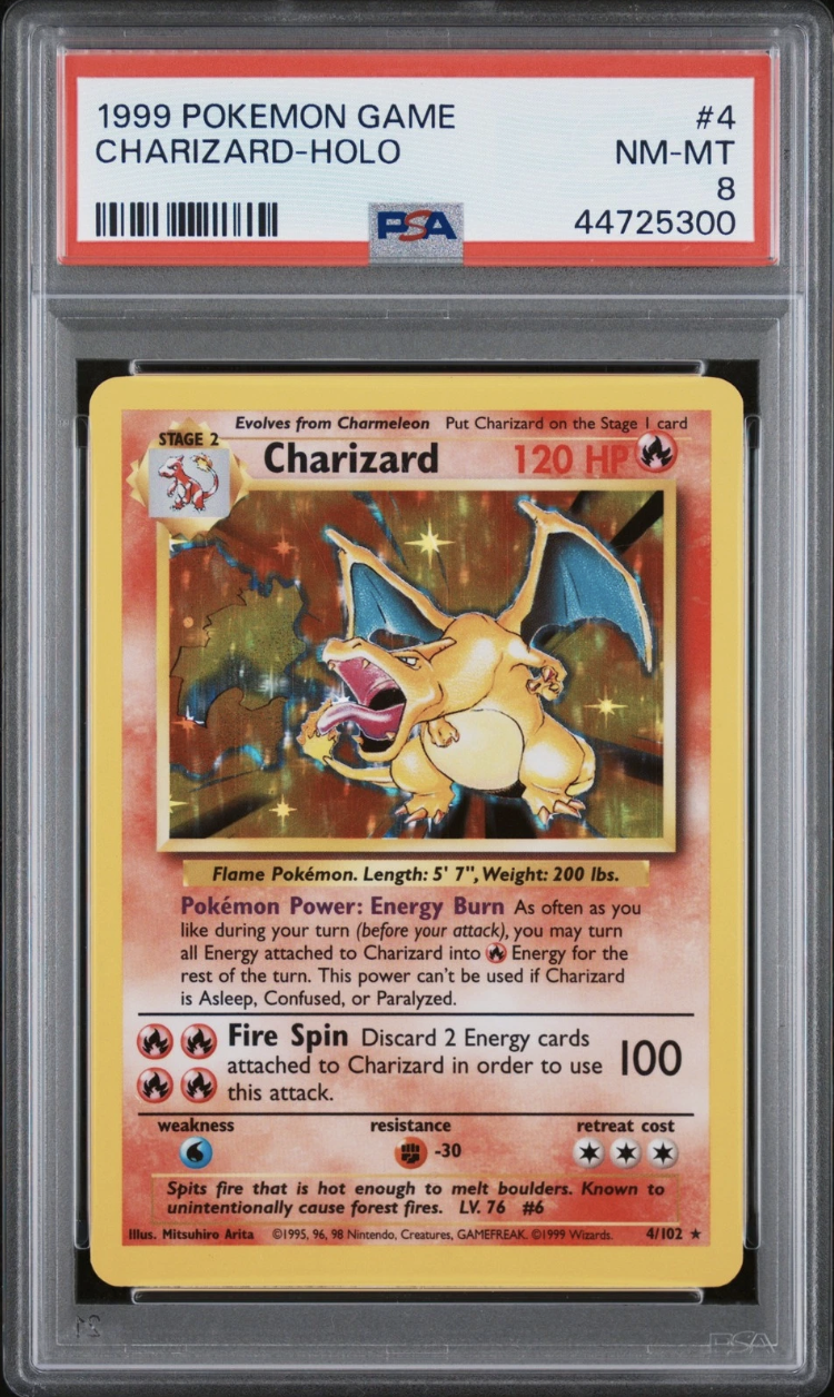 1999 Pokémon Charizard holo base set card in a PSA 8 graded slab