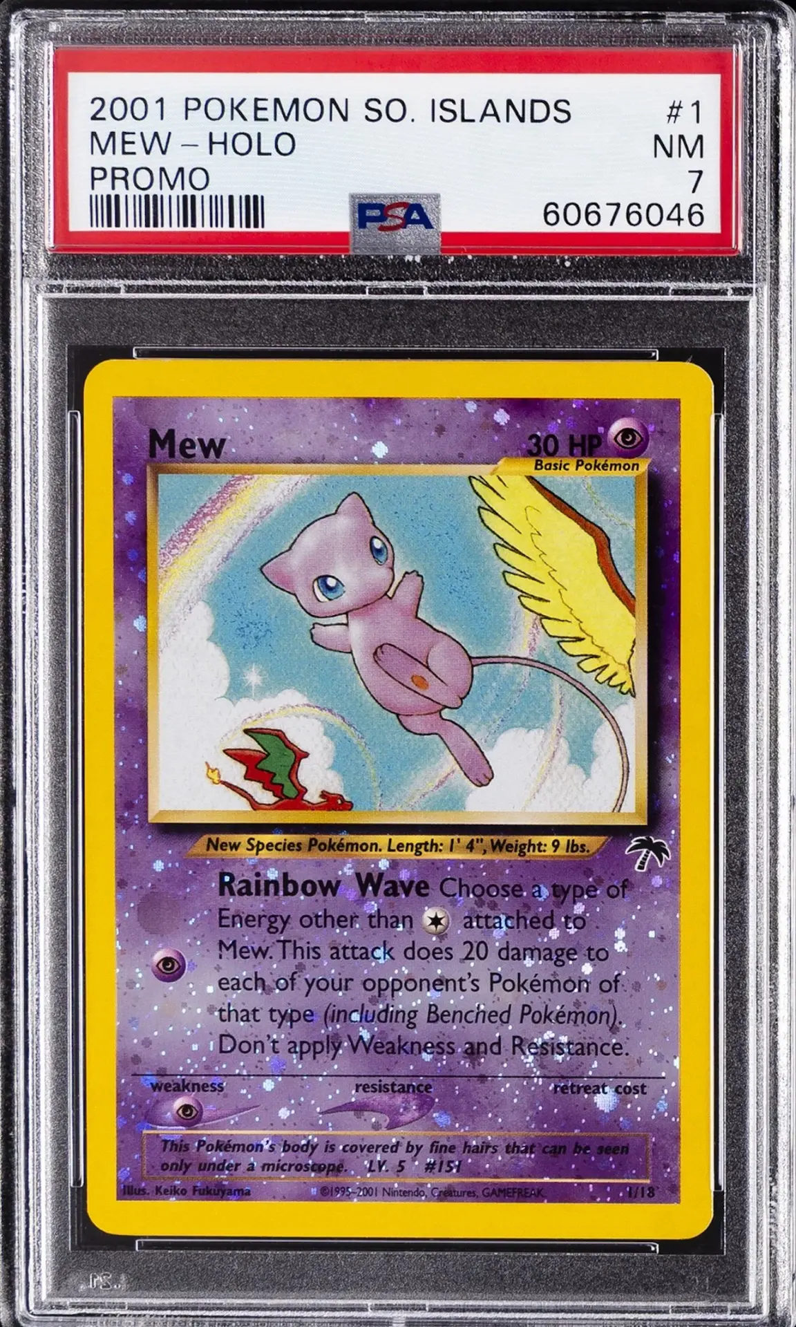 2001 Pokémon Southern Islands Mew holo promo in a PSA 7 graded slab