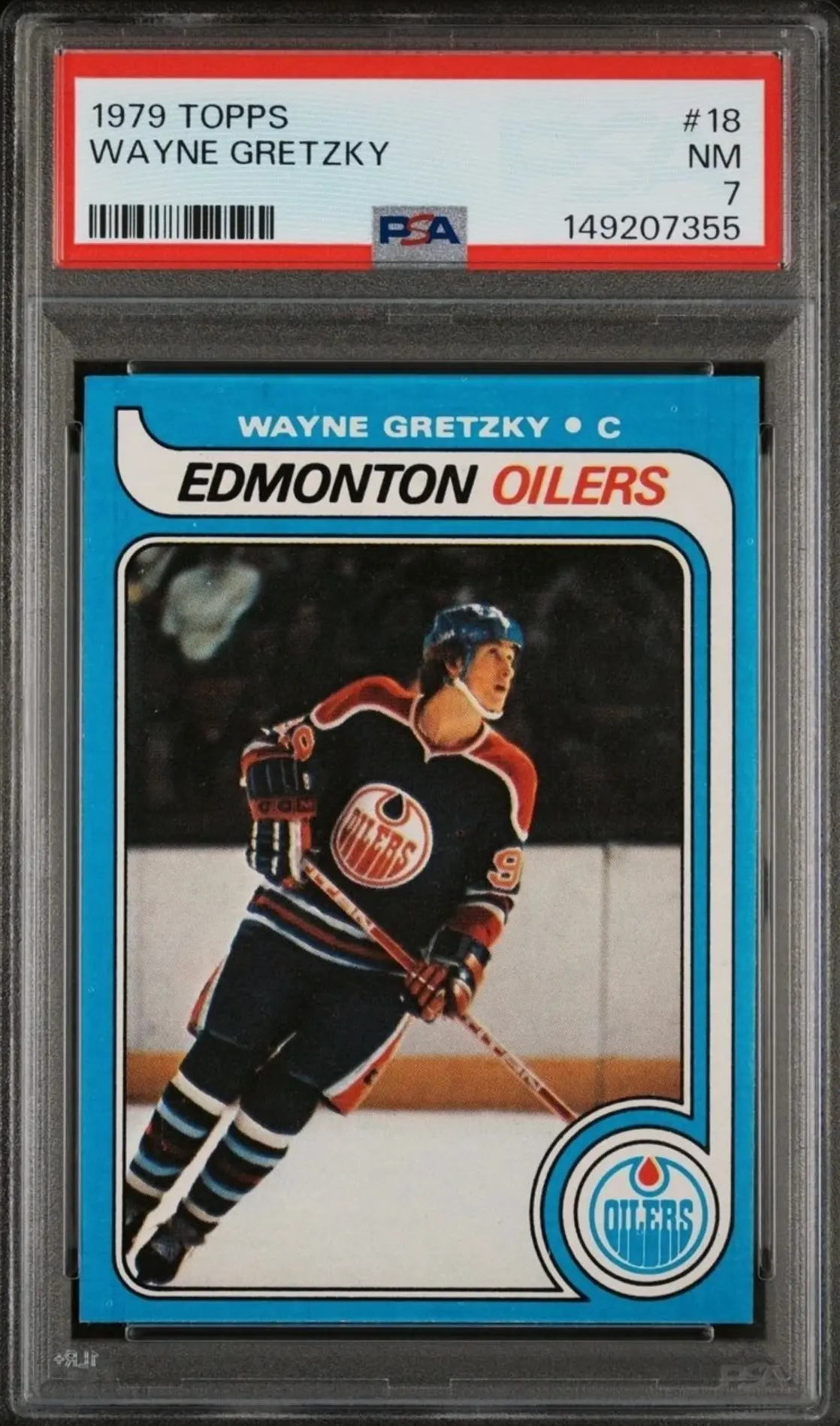 1979 Topps Wayne Gretzky Edmonton Oilers rookie card in a PSA 7 graded slab